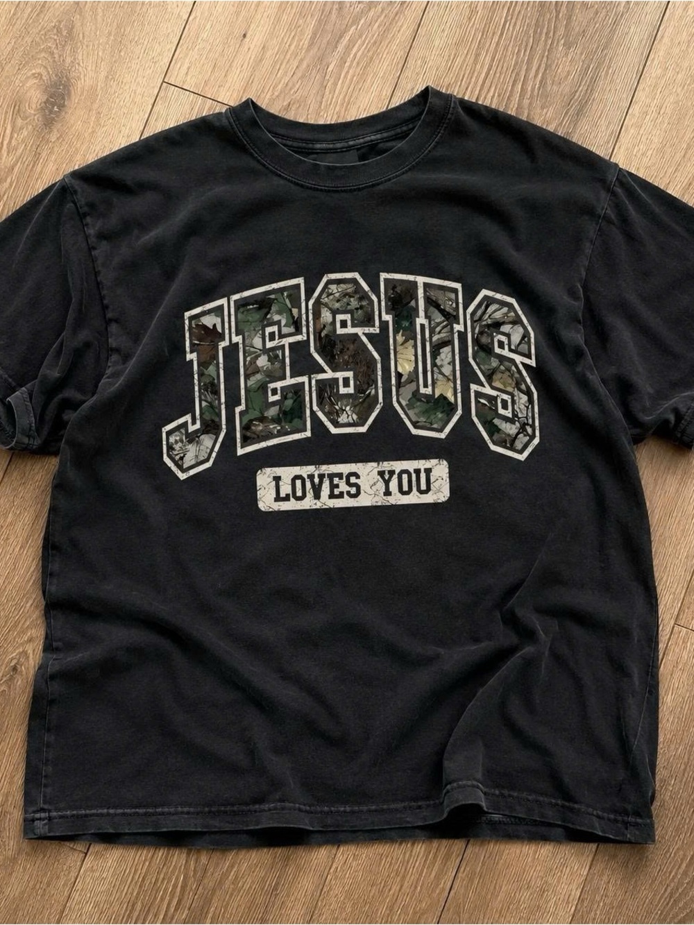 Black Tee with Camo 'JESUS' Graphic